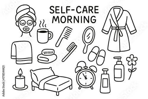 Self-Care Essentials. Self-care morning. Hand-drawn doodle illustration self-care morning face mask, coffee mug, toothbrush, comb, robe, slippers, mirror,