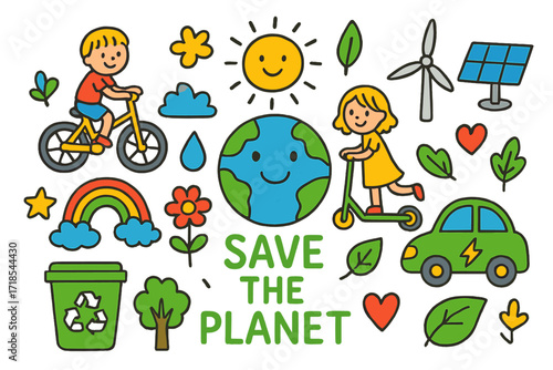 Eco-Friendly Doodle Vibes. Colorful Hand-drawn doodle Children illustration save the planet bicycle, scooter, recycling bin, electric car, wind turbine, solar