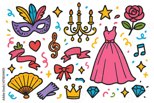Whimsical Masquerade Illustration. Colorful Hand-drawn doodle Children illustration Masquerade ball mask with feathers, gown, chandelier, ribbon, heart, star,