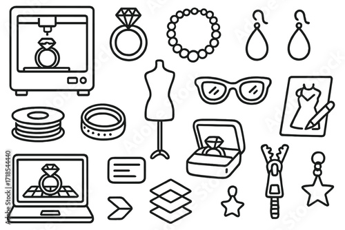 3D Printed Accessories. Hand-drawn doodle illustration 3D printed fashion accessories [3D printer, ring, necklace, bracelet, earrings, spool of filament,