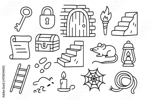 Secret Passage Icons. Hand-drawn doodle illustration Secret passage tunnel key, lock, hidden door, stairs, brick wall, torch, scroll, chest, ladder,