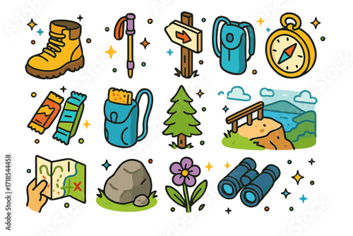 Hiking Therapy Icons. Colorful isometric vector icons set of hiking and trail therapy: hiking boots, trekking pole, trail marker, compass, trail snacks,