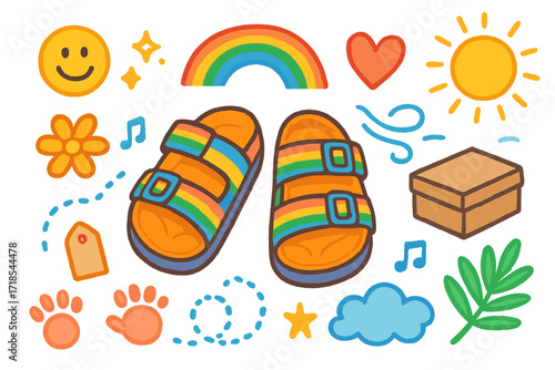 Colorful Sandals Doodle. Colorful Hand-drawn doodle Children illustration Colorful Sandals Display rainbow sandal, star, heart, smiley face, flower, sparkle,