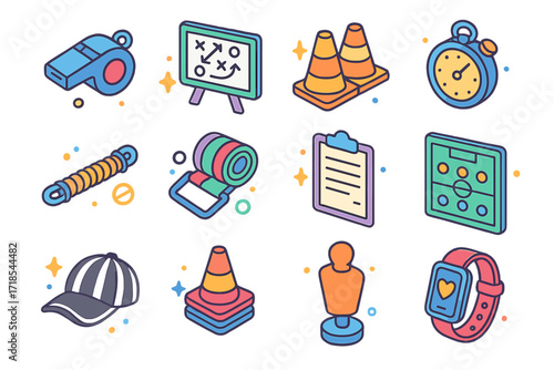 Sports Coaching Icons. Colorful isometric vector icons set of sports coaching elements: whistle, tactic board, cones, stopwatch, rope for tug of war,