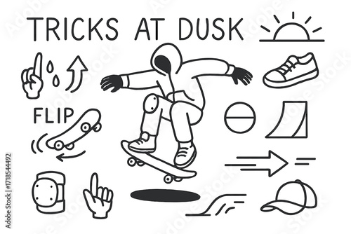 Skateboard Tricks Doodle. Hand-drawn doodle illustration Tricks at dusk skateboard, flip icon, sneakers, curve ramp, balance icon, shadow, sun setting, speed