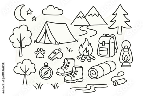 Camping Essentials Icons. Hand-drawn doodle illustration Wilderness camping tent, campfire, backpack, compass, boots, sleeping bag, lantern, star, moon, cloud,