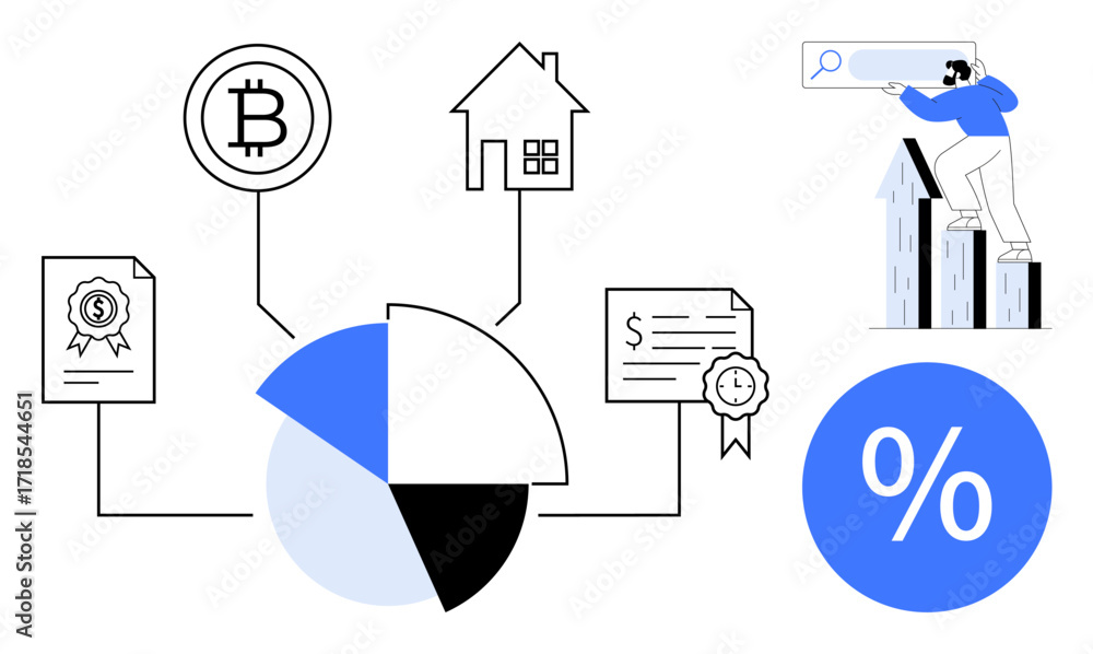 Fototapeta premium Pie chart linked to Bitcoin, home, investment certificates, and rising growth graph. Ideal for financial planning, cryptocurrency, real estate, investment, analytics economic trends simple flat