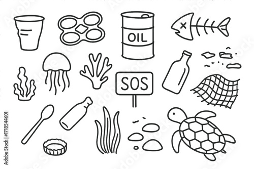 Ocean Pollution Doodle. Hand-drawn doodle illustration ocean pollution plastic cup, six-pack ring, oil barrel, fish skeleton, jellyfish, coral, glass bottle,