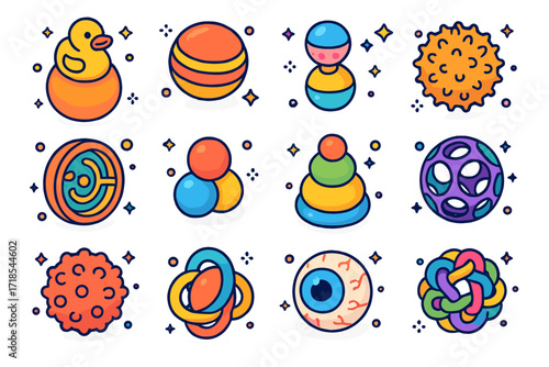 Colorful Toy Ball Icons. Colorful isometric vector icons set of toy balls: rubber duck ball, squeaky ball, rattle ball, spiky massage ball, ball maze toy,
