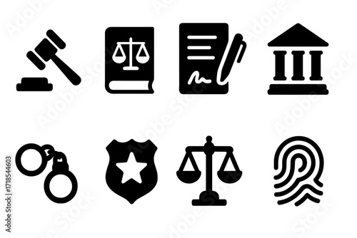 Legal Icons Grid. Solid, filled icon set of surveillance legal: gavel, law book, contract, courthouse, handcuffs, badge, scales of justice, fingerprint. Solid,