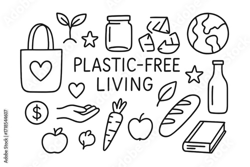 Eco-Friendly Doodle Icons. Hand-drawn doodle illustration Plastic-free living cloth bag, glass jar, bottle, sprout, recycle symbol, heart, star, globe, leaf,