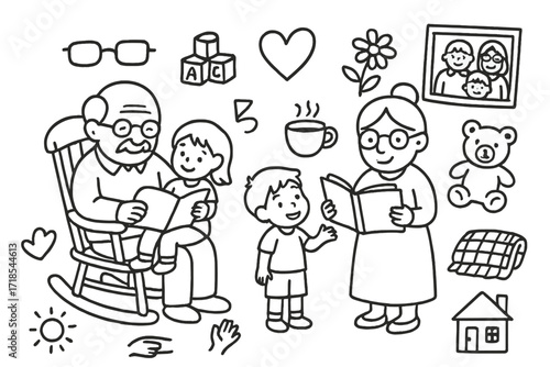 Family Time Doodles. Hand-drawn doodle illustration grandparents with grandchildren rocking chair, book, glasses, heart, toy blocks, teddy bear, flower, family