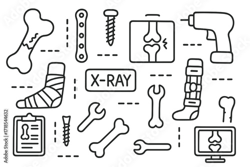 Orthopedic X-ray Tools. Hand-drawn doodle illustration Orthopedic X-ray tools joint icon, bone plate, screw, scan image, fracture mark, X-ray film, cast,