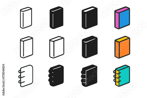 Modern Book Spine Icons. Icon Set of Modern Book Spines: Paperback spine, Hardcover spine, Spiral-bound spine. Icons set in vector style, emblematic