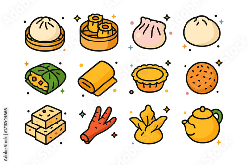 Dim Sum Icons. Dim Sum. Colorful isometric vector icons set of Dim Sum: steamed dumpling, siu mai, har gow, bao bun, lotus leaf rice, spring roll, custard