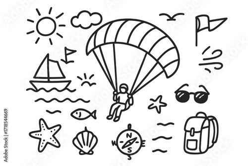Paragliding Adventure Doodle. Hand-drawn doodle illustration paragliding over sea paraglider, parachute, wave, fish, sun, cloud, boat, bird, starfish, shell,