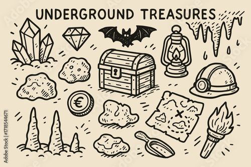 Underground Treasure Doodles. Underground treasures. Hand-drawn doodle illustration underground treasures crystal, gem, gold nugget, coin, chest, map, lantern,