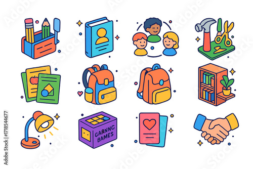 Education Icons Set. Colorful isometric vector icons set of education and youth programs: school supply kit, tutoring book, kids in circle, craft workshop