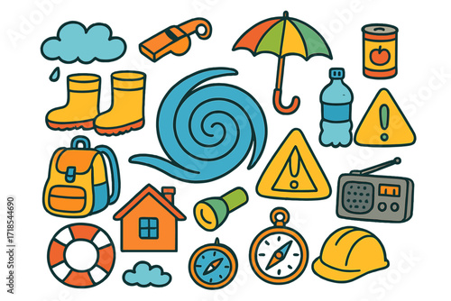 Hurricane Safety Essentials. Colorful Hand-drawn doodle Children illustration Hurricane safety [hurricane swirl, rain boots, umbrella, whistle, backpack,
