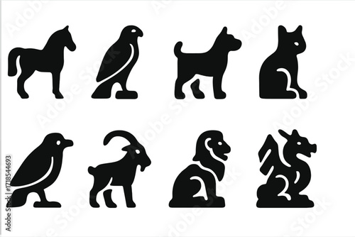 Castle Animal Icons. Solid, filled icon set of castle animals: horse, falcon, dog, cat, raven, goat, lion statue, dragon statue. Solid, filled icons in only