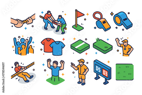 Tug of War Icons. Colorful isometric vector icons set of tug of war: rope being pulled, two teams facing off, center flag marker, referee whistle, cheering