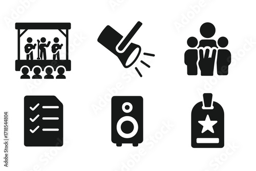 Band Performance Icons. Solid, filled icon set of band performance: stage, spotlight, crowd, setlist, live sound, encore, tour bus, backstage pass. Solid,