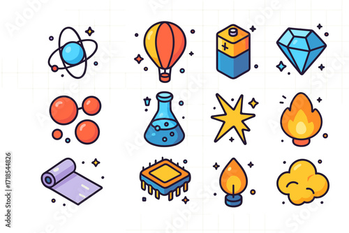 Isometric Chemical Elements Icons. Colorful isometric vector icons set of chemical elements: hydrogen atom, helium balloon, lithium battery, carbon crystal,
