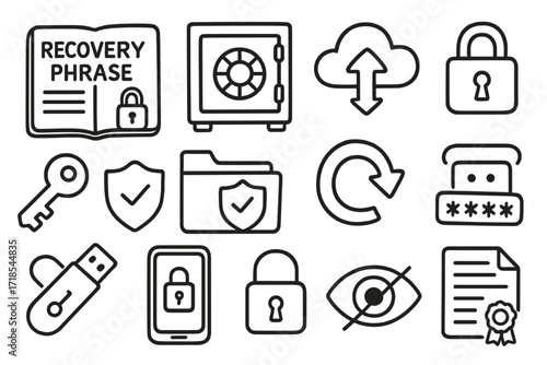 Secure Crypto Icons. Hand-drawn doodle illustration secure crypto backup recovery phrase, notebook with lock, vault, shield, cloud with arrow, padlock, USB