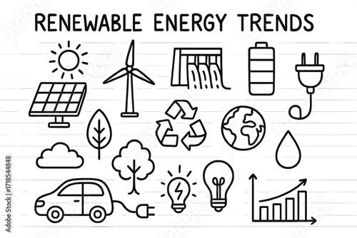 Renewable Energy Doodles. Hand-drawn doodle illustration Renewable energy trends [solar panel, wind turbine, hydro dam, battery, plug, recycle symbol, leaf,