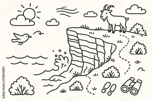 Cliffside Nature Doodle. Hand-drawn doodle illustration Cliff landscape [cliff edge, bird, wave, rock layers, sun, wind lines, grass, bush, hiking trail, small