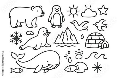 Arctic Doodle Icons. Hand-drawn doodle illustration Arctic Sanctuary [polar bear, penguin, seal, whale, fish, iceberg, snowflake, paw print, igloo, cloud, sun,
