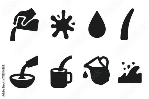 Milk Pouring Icons. Solid, filled icon set of milk pouring actions: hand pouring milk, milk splash, milk drop, milk stream, bowl filling, cup filling, jug