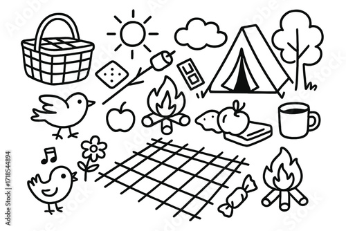 Outdoor Picnic Essentials. Hand-drawn doodle illustration Outdoor picnic with s?mores [picnic basket, marshmallow stick, chocolate bar, cracker, campfire,