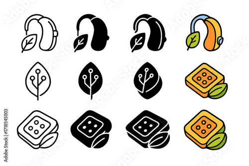 Biodegradable Medical Icons. Icon Set of Biodegradable Medical Tech: Eco-friendly hearing aid, Organic circuit implant, Biodegradable sensor patch. Icons set