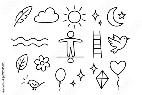 Surreal Balance Doodle. Hand-drawn doodle illustration levitation and balance feather, cloud, sun, moon, star, person figure, wave line, ladder, bird, leaf,