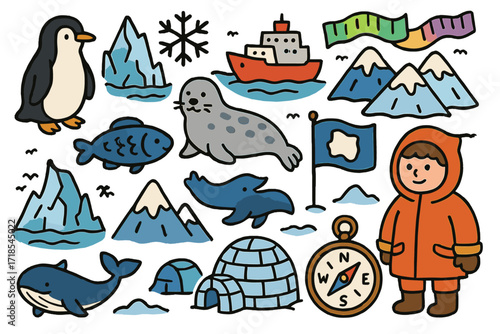Antarctic Adventure Doodles. Antarctica. Colorful Hand-drawn doodle Children illustration penguin, iceberg, snowflake, icebreaker ship, seal, fish, snowy