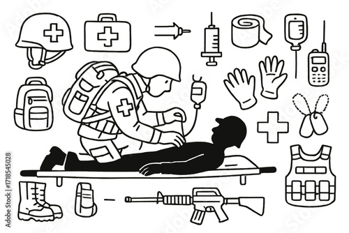 Combat Medic Icons. Hand-drawn doodle illustration combat medic in action medic helmet with red cross, soldier silhouette, stretcher, backpack, first aid kit,