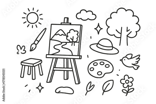 Outdoor Art Doodle. Hand-drawn doodle illustration Outdoor plein air painting [easel, stool, paintbrush, palette, hat, sun, tree, cloud, mountain, river,