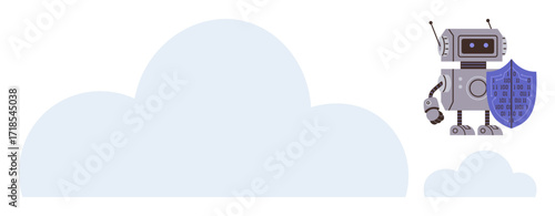 Robot with shield standing near cloud. Ideal for cybersecurity, data protection, technology, cloud storage, online safety, IoT, and encryption. Represents secure connections in simple flat metaphor