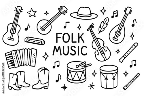 Folk Music Icons. Hand-drawn doodle illustration Folk Music [acoustic guitar, banjo, mandolin, fiddle, accordion, harmonica, drum, flute, hat, star, sparkle,