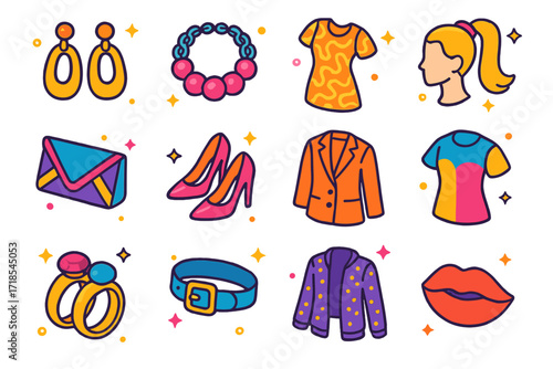 Colorful Jewelry Icons. Colorful isometric vector icons set of statement jewelry styling: bold earrings, chunky necklace, printed dress, high ponytail,