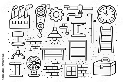 Industrial Doodle Illustration. Hand-drawn doodle illustration [Factory-inspired decor] [gear, pulley, pipes, light bulb, clock, steel beam, ladder, industrial