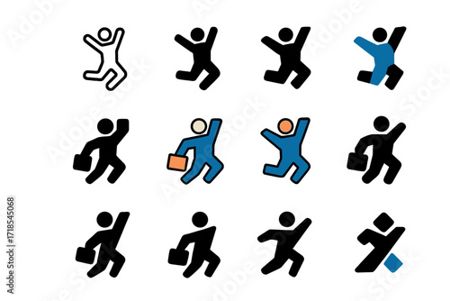 Joyful Success Logos. Set Logo of Jumping for Joy: business success leap. Logo set in vector style, emblematic variations. line, bold thick line, solid black