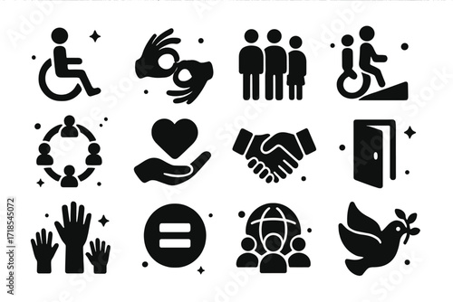 Inclusive Icons Set. Inclusion. Solid icons set of wheelchair symbol, sign language hand, diverse people, accessible ramp, inclusive circle, support heart,