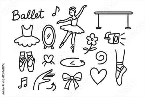 Ballet Grace Icons. Hand-drawn doodle illustration ballet and grace ballerina, tutu, pointe shoes, music note, mirror, bar, stage light, flower, swirl, hand
