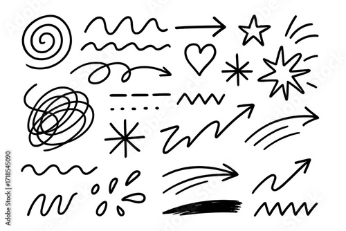 Artistic Doodle Chaos. Hand-drawn doodle illustration Artistic Scribbles lines, loops, curves, waves, arrows, hearts, stars, dashes, dots, bursts, zigzags,