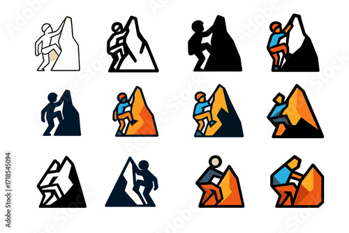 Rock Climber Logos. Set Logo of Rock Climber: Climber on mountain ridge. Logo set in vector style, emblematic variations. line, bold thick line, solid black