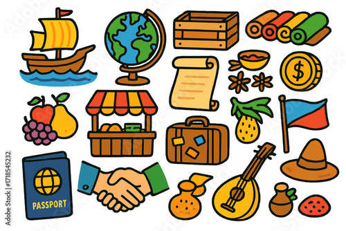 Colorful Global Trade Doodles. Colorful Hand-drawn doodle Children illustration Trade across continents boat, globe, crate, silk, spices, scroll, coin, fruit,