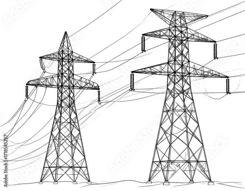 Two large, stylized power transmission towers with numerous high-voltage power lines. 