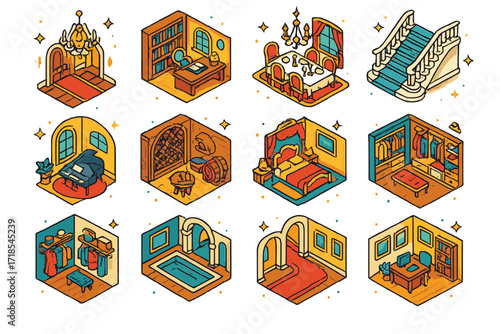 Grand Estate Icons. Colorful isometric vector icons set of interior spaces in grand estates: chandelier foyer, library with shelves, vintage dining room,